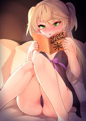 blonde_hair blushing female_only fischl_(genshin_impact) genshin_impact green_eyes kerasu reading ricegnat sole_female tagme