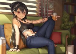 1girls abs absurdres barefoot beanie beer beer_can black_gloves black_hair breasts can casual cleavage commission couch denim fingerless_gloves glint gloves goback grin hair_between_eyes hat highres huge_filesize indoors jeans jewelry kun_(thiepriest) leaning_back leg_up light_particles long_hair looking_at_viewer maplestory medium_breasts midriff muscular_female navel open_pants pants punk punk_girl red_eyes scar scar_across_eye second-party_source single_earring smile solo spiked_knuckles streetwear sunlight tomboy toned