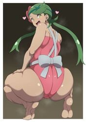 1girls ass barefoot big_ass big_butt eye_contact female female_only green_eyes green_hair huge_ass looking_at_viewer looking_back mallow_(pokemon) nintendo oryuto pokemon pokemon_sm smile solo squatting thick_thighs trial_captain