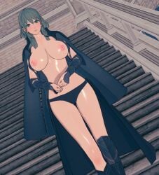 byleth_(fire_emblem) byleth_(fire_emblem)_(female) exhibitionism female fire_emblem fire_emblem:_three_houses green_hair large_breasts looking_at_viewer nintendo nude nude_female public public_nudity river_rock