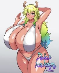 1girls alternate_version_available big_breasts bikini bikini_bottom bikini_top blonde_hair blush bottomwear breast_focus breasts cleavage codeorange162 female female_only hand_behind_head hips horns huge_breasts large_breasts long_hair massive_breasts mature mature_female mature_woman micro_bikini miss_kobayashi's_dragon_maid one_eye_closed quetzalcoatl_(dragon_maid) skimpy skimpy_bikini smile solo solo_female swimwear tan_body tan_skin tanned tanned_female tanned_skin thighs topwear two_tone_hair white_bikini yellow_eyes