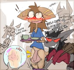 anthro assisted_exposure backpack balls big_penis blush bovid canid canine canis caprine container cup embarrassed eyewear female genitals glasses goat hi_res horn male mammal nerd pantsing penis public public_nudity roksim story story_in_description text tray uncensored wolf