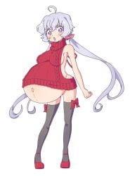 :o arms_at_sides character_request huge_belly kneesocks large_breasts legwear linea_nigra navel petite pregnant ready_to_pop red_shoes shoes virgin_killer_sweater