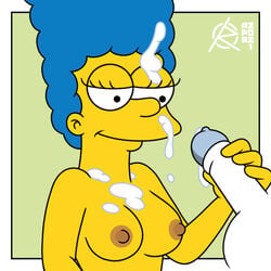 2021 accurate_art_style artist_logo artist_signature bare_breasts bedroom_eyes beehive_hairdo big_hair blue_hair breasts cum cum_on_body cum_on_breasts cum_on_eye cum_on_face digital_drawing_(artwork) digital_media_(artwork) ejaculation erection eyelashes facial framed_background handjob happy happy_facial looking_at_penis looking_down marge_simpson milf nipples no_bra nude nude_female partial_male penis ragnar_oktopod smile smiling solid_color_background the_simpsons white_skin wii_fit_trainer_(male) yellow_skin