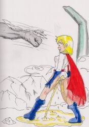 dc dc_comics doomed_superheroine doomsday fist goldenstorm impending_doom kara_zor-l karen_starr leotard omorashi peeing peeing_out_of_fear peeing_self power_girl puddle standing_in_urine urinating urinating_female urination urine urine_pool urine_puddle wetting wetting_self