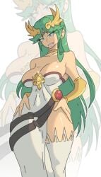 1girls big_breasts bimbo breasts busty cleavage clothed clothing earrings eyebrows eyelashes female female_focus female_only green_eyes green_hair huge_breasts jewelry kid_icarus leedraw11 legwear nintendo palutena simple_background solo thighhighs thighs voluptuous