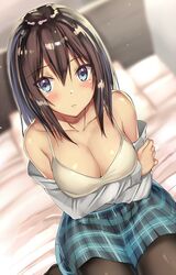 bangs bedroom black_legwear blue_eyes blue_skirt blurry blurry_background blush breasts brown_hair camisole clavicle cleavage closed_mouth depth_of_field dutch_angle eyebrows_visible_through_hair female female hair_between_eyes indoors kureha_(ironika) large_breasts looking_at_viewer miniskirt original pantyhose plaid plaid_skirt pleated_skirt school_uniform sitting skirt solo tsubasa_(kureha) wariza white_camisole