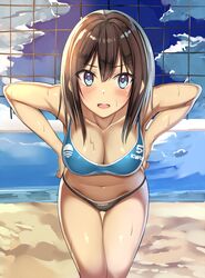 bare_arms bare_shoulders beach bent_over bikini blue_eyes blush breasts brown_hair cleavage cloud cowboy_shot day eyebrows_visible_through_hair female female hands_on_hips kureha_(ironika) large_breasts leaning_forward long_hair looking_at_viewer midriff navel ocean open_mouth original outdoors sand sky solo sports_bikini sports_uniform sportswear stomach swimsuit thigh_gap thighs tsubasa_(kureha) uniform volleyball_net volleyball_uniform water