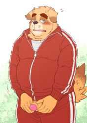 1boy 2018 anthro blush bottomwear brown_body brown_fur canid canine canis clothing cute_fangs domestic_dog edit fur genitals hi_res humanoid_hands kemono male male_only mammal overweight overweight_anthro overweight_male pants penis ryuta-h shirt solo topwear uncensored