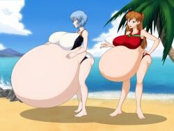 2girls asuka_langley_sohryu beach breasts_bigger_than_head huge_breasts hyper hyper_belly hyper_pregnancy neon_genesis_evangelion pregnant ready_to_pop rei_ayanami saburox swimsuit