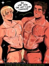 2boys appei bulge bulge_through_clothing bulges_touching chest_hair clothed dialogue english_dialogue english_text gay hairy_chest happy_trail jockstrap looking_at_viewer lucas_lee male male_focus male_only muscular muscular_male nipples pecs scott_pilgrim scott_pilgrim_takes_off see-through see-through_clothing text todd_ingram transparent_clothing wet_clothes wet_clothing wet_shirt wet_t-shirt yaoi