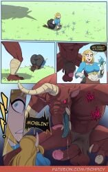 1boy 1female 1girls 1male 2024 ass big_ass big_breasts blonde_hair blue_eyes breath_of_the_wild clothed clothing cock_shock comic dialogue drool elf_ears english english_dialogue english_text female flower genitals horn huge_cock imminent_rape imminent_sex loincloth male moblin monster nintendo penis pig princess princess_zelda red_body red_eyes saliva schpicy text the_legend_of_zelda tongue tongue_out zelda_(breath_of_the_wild)