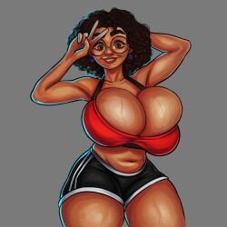 1girls aged_up big_breasts breasts brown_eyes brown_hair cleavage dark-skinned_female dark_skin disney encanto female female_only glasses huge_breasts latina medium_hair mirabel_madrigal mugm8 pudgy_belly rajangnsfw shorts solo solo_female sports_bra sweat thick_thighs v_sign wide_hips