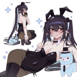 1girls angry black_hair blush bunny_ears bunny_tail bunnysuit cellphone cleavage female female_focus female_only front_view highres latam_virtual_youtuber light-skinned_female light_skin long_hair pointy_ears red_eyes sallynii simple_background twintails two_tone_hair virtual_youtuber vtuber white_background