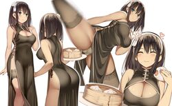 1girls arm_at_side ass bamboo_steamer bare_arms bare_shoulders black_dress black_hair blue_eyes blush breasts china_dress cleavage cleavage_cutout clothing_cutout covered_navel dress dumpling female hair_ornament hairband kicking kureha_(ironika) large_breasts leaning_forward looking_at_viewer multiple_views original pants pantsu pelvic_curtain sleeveless_dress smile solo taut_clothes taut_dress thigh_strap thighhighs traditional_clothes trefoil tsubasa_(kureha) underwear upskirt vertical-striped_panties vertical_stripes white_background white_flower white_hair_ornament white_hairband