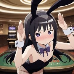 1girls 2024 ai_generated akemi_homura black_hair blush blush blush_lines blushing_at_viewer bunny_ears bunny_girl bunny_tail bunnysuit goodmorningmado human human_only long_hair looking_at_viewer mahou_shoujo_madoka_magica puella_magi_madoka_magica purple_eyes solo solo_female solo_focus