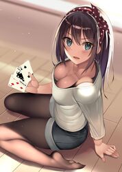 blue_eyes blush brown_hair clavicle cleavage denim_shorts female female_only from_above kureha_(ironika) medium_breasts medium_hair original pantyhose playing_cards polka_dot_hairband shorts sole_female solo tsubasa_(kureha) wariza