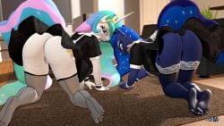 3d alicorn all_fours anthro anthroponiessfm anus ass clothed clothing crown cutie_mark duo equid equine feet female friendship_is_magic genitals hasbro headgear hi_res horn humanoid_feet legwear looking_at_viewer looking_back maid_uniform mammal my_little_pony mythological_creature mythological_equine mythology no_underwear plantigrade presenting princess_celestia_(mlp) princess_luna_(mlp) pussy stockings tiara uniform wings