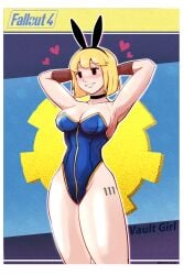 anda arms_up blonde_hair bunny_ears cleavage clothed fallout heart mob_face posing poster thick_thighs vault_111 vault_girl