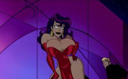 1boy 1girls big_ass big_breasts blonde_hair blue_eyes circe_(dc) cleavage cleavage_overflow dc dc_comics dcau earrings edited gloves hand_on_hip hand_on_thigh hourglass_expansion huge_breasts long_gloves long_hair nerota no_bra no_panties overflowing_breasts purple_hair purple_lipstick red_dress revealing_clothes screenshot_edit seductive seductive_look seductive_smile sexy sexy_dress sexy_pose short_hair smile