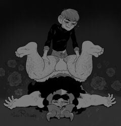 2boys armpits artist_name babygirl beard black_and_grey bulge chilchuck_tims delicious_in_dungeon dungeon_meshi dwarf eyelashes eyes_closed face_down_ass_up fat_ass fat_thighs flaccid fully_clothed gay gray_background halfling halfling_male hands_on_thighs implied_sex lip_biting long_hair looking_at_partner looking_down looking_pleasured maiden male male/male male_only multiple_boys on_back pantyshot rose roses senshi_(dungeon_meshi) small_dom_big_sub small_top_big_bottom smirk sparkles thick_ass thick_thighs unbuttoned_pants underwear yaoi