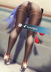 1girls ass bent_over black_legwear cameltoe english_text erection female_only from_behind fully_clothed gameplay_mechanics ganyu_(genshin_impact) genshin_impact glory_wall hane_(15188414) hi_res high_heels legs leotard pantyhose penis public_use sole_female stuck stuck_in_wall text thighs through_wall