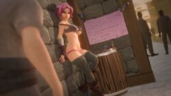 1boy 1girls 3d blue_eyes cat_eyes clothed clothed_female female female_focus hi-rez_studios jineisho light-skinned_female light_skin maeve_(paladins) male paladins pink_hair prostitution public undressing