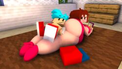 3d background between_ass big_breasts boyfriend_(friday_night_funkin) friday_night_funkin girlfriend_(friday_night_funkin) heels huge_ass long_hair looking_at_another mine-imator mine_imator minecraft on_floor on_phone relaxing short_hair skirt smaller_male sospoo thick_thighs without_hat