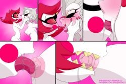 angel blush breast_biting breast_lick breasts comic cyclops demon duo fangs female female/female female_only hazbin_hotel kissing lute_(hazbin_hotel) niffty nipples nude open_mouth pleasure_face red_hair saliva spikesoda27 spit teeth tongue tongue_out white_hair yellow_eyes yuri