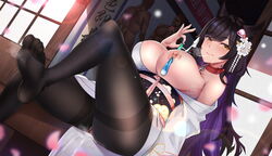 1girls 2boys absurdres animal_ears architecture atago_(azur_lane) azur_lane black_hair black_legwear breasts chains choker clothed_female_nude_male collar condom condom_accessories condom_on_nipples cum east_asian_architecture eyebrows_visible_through_hair feet flower gokkun hair_flower hair_ornament hair_ribbon highres holding holding_condom japanese_clothes jinpaitugounan large_breasts long_hair mole mole_under_eye monster_girl multiple_boys neck_tattoo nipple_piercing nipples no_shoes nude open_clothes pantyhose piercing queen_of_spades red_collar ribbon sitting soles tattoo toes tongue torn_clothes torn_legwear used_condom used_condom_tied_on_nipples window yellow_eyes