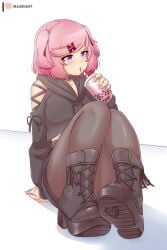 1girls blush boots doki_doki_literature_club drinking female female_only flat_chest hoodie legs_together natsuki_(doki_doki_literature_club) pantyhose petite petite_body petite_female pink_hair purple_eyes raionart short_hair sitting small_breasts solo teenager thick_thighs tied_hair x_hair_ornament