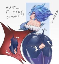 2021 areola_bulge big_ass blue_hair breasts forced_in_fabric frostblade_irelia irelia_xan jouljehart league_of_legends penetration_through_clothes penis snowdown_series surprised text thick_thighs winter_wonderland_series x-ray