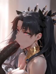 1boy 1girls accessory ai_generated bare_shoulders big_balls big_penis black_hair blowjob crown dark-skinned_male dripping_wet earrings exposed_shoulders eyelashes eyes_rolling_back fate/grand_order fate_(series) female ishtar_(fate) ishtar_(fate/grand_order) lipstick looking_pleasured male mirham neckwear penis red_eyes ribbons saliva_string saliva_trail sucking sucking_penis twintails wet