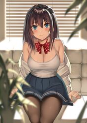 bare_shoulders blue_eyes blue_skirt blurry bow bowtie breasts brown_hair brown_legwear camisole clavicle cleavage closed_mouth couch female grey_shirt hair_ornament hair_ribbon kureha_(ironika) large_breasts long_hair looking_at_viewer miniskirt on_couch original pantyhose pleated_skirt ribbon shirt shirt_tucked_in sitting skirt smile solo spaghetti_strap striped_neckwear tsubasa_(kureha) window_blinds