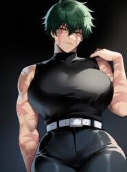 1girls ai_generated black_shirt breasts burn_scar female golden_eyes huge_breasts jujutsu_kaisen kelly_ai muscular_female scar short_hair sleeveless solo_female zenin_maki