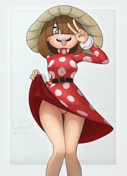 1girls bangs brown_hair clone26 female_human female_only flashing hair_over_one_eye hero_outfit_(mha) human komori_kinoko my_hero_academia no_panties polka_dot presenting_pussy pussy_juice skirt_lift superhero_costume superheroine tongue_out