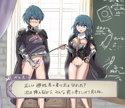 1boy 1girls azna big_breasts blackboard blue_eyes blush bottomless byleth_(fire_emblem) byleth_(fire_emblem)_(female) byleth_(fire_emblem)_(male) censored condom condom_on_penis dual_persona embarrassed exhibitionism female_pubic_hair fire_emblem fire_emblem:_three_houses heavy_breathing japanese_text looking_at_viewer medium_hair multiple_persona nintendo open_mouth open_smile pointer pointing pubic_hair pussy pussy_juice sex_education short_hair smile steam steamy_pussy teacher teaching teal_hair text translation_request