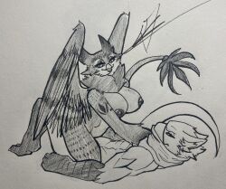 absurd_res anthro avian breasts capcom cowgirl_position duo female flying_wyvern from_front_position graphite_(artwork) gryphon hi_res holding_down hybrid male male/female markings monster_hunter mythological_avian mythological_creature mythology nargacuga nipples occult_symbol on_bottom on_top pen_(artwork) pencil_(artwork) scarf sex sigil snowfall_(terrorwing) sparky_takashii symbol traditional_media_(artwork) vayhl'ayne_(vahlyance) wings