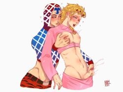 2boys blonde_hair blush clothing gay giorno_giovanna guido_mista heart jojo's_bizarre_adventure looking_at_another male male_nipples male_only masturbating_other masturbation penis vento_aureo yaoi