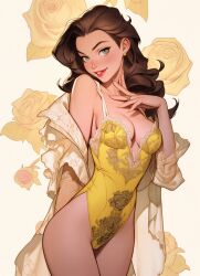 1girls ai_generated beauty_and_the_beast belle belle_(beauty_and_the_beast) brown_hair cleavage disney disney_princess ear_piercing female_only floral_print front_view green_eyes legs_together looking_at_viewer ring_(jewelry) seductive_look stable_diffusion standing yellow_lingerie