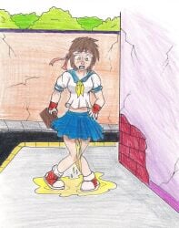 goldenstorm omorashi peeing peeing_self sakura_kasugano street_fighter traditional_media_(artwork) urinating urinating_female urination urine urine_pool urine_stream wetting wetting_self