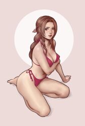 aerith_gainsborough bikini bluejasmin blush brown_hair final_fantasy final_fantasy_vii green_eyes hair_ribbon jasmin_darnell pink_bikini pink_swimsuit swimsuit thighs