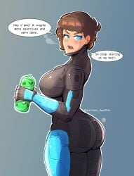 1girls ass blue_eyes breasts brown_hair english_text female female_only halo_(series) kat-b320 large_ass large_breasts looking_at_viewer looking_back short_hair solo spartan_(halo) spartan_iii_(halo) spartandoodles text