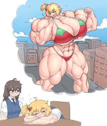 abs blonde_hair blush_lines blushing breasts_bigger_than_head brown_eyes brown_hair dreaming flexing_both_biceps giantess giantess_growth glasses green_eyes growth huge_breasts huge_muscles looking_down muscular_female red_bra school_uniform sheepapp sleeping smiling