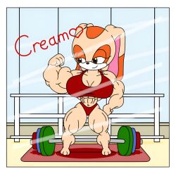 after_training big_breasts big_muscles brown_eyes cream_the_rabbit fanart flexing_bicep gym gym_shorts heart muscular_female natter45 rabbit_ears rabbit_girl rabbit_tail red_bra red_pants sonic_(series) tagme text young