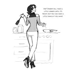 1female 1girls 2d black_and_white celera_prime cooking dominant_female dominatrix english english_text female female_only femdom femdom_caption foot_fetish footwear high_heels long_legs looking_at_viewer milf mimi_(celera_prime) mommy mommy_kink monochrome mother original original_character original_characters shoe_fetish shoes short_hair short_hair_female spatula submissive_male sweater white_pants wholesome