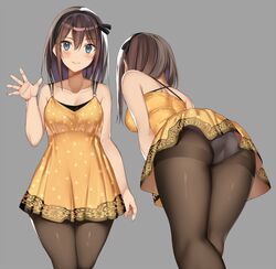 ass bare_arms bare_shoulders black_panties black_underwear blue_eyes breasts brown_hair brown_legwear clavicle cleavage dress female female from_behind grey_background hair_ornament hair_ribbon hand_up kureha_(ironika) leaning_forward long_hair looking_at_viewer medium_breasts multiple_views orange_dress original panties_under_pantyhose pantsu pantyhose polka_dot ribbon sidelocks simple_background sleeveless sleeveless_dress smile spaghetti_strap standing thighband_pantyhose tsubasa_(kureha) underwear