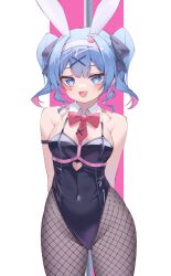 1girls :d absurdres animal_ears armpit_crease arms_behind_back bare_shoulders black_leotard black_pantyhose blue_hair blush bow bowtie breasts covered_navel detached_collar dot_nose fake_animal_ears fishnet_pantyhose fishnets hair_ornament hatsune_miku highleg highleg_leotard large_breasts legs_apart leotard looking_at_viewer mv_character open_mouth pantyhose pink_background pink_pupils pole rabbit_ears rabbit_hole_(deco*27/caststation) rabbit_hole_(vocaloid) red_bow red_bowtie ryaru_ryaru short_hair short_twintails smile solo stripper_pole teardrop_facial_mark thick_thighs twintails two_tone_background vocaloid white_background x_hair_ornament