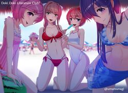 4girls beach bikini blue_eyes boobs brown_hair doki_doki_literature_club female_only green_eyes ice_cream in_shade looking_at_viewer male_pov monika_(doki_doki_literature_club) multiple_girls natsuki_(doki_doki_literature_club) one-piece_swimsuit pink_eyes pink_hair popsicle pov pov_eye_contact purple_eyes purple_hair red_bow sayori_(doki_doki_literature_club) smile strawberry_blonde_hair umatsunagi water_bottle watermelon white_bow yuri_(doki_doki_literature_club)