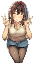 ^_^ bangs blush bra_strap breasts brown_hair brown_legwear clavicle closed_eyes denim denim_shorts double_v eyebrows_visible_through_hair facing_viewer female grey_shirt grin hairband hands_up head_tilt kureha_(ironika) long_hair medium_breasts original pantyhose red_hairband shirt short_shorts short_sleeves shorts sidelocks smile solo teeth tsubasa_(kureha) v white_background